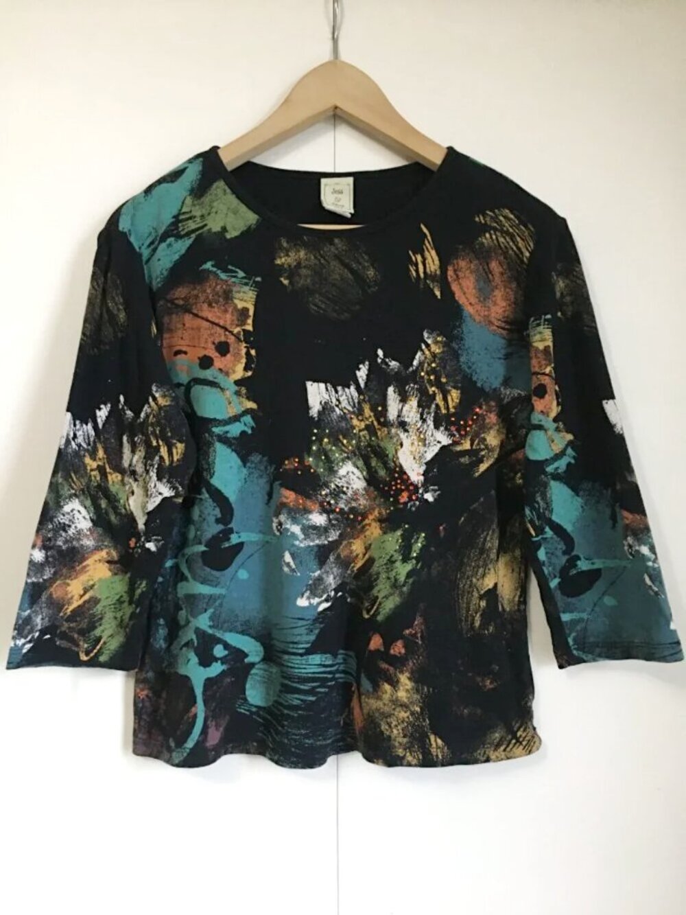 Vintage 90s Jess & Jane Graffiti Top M Black Rhinestone Stud Cotton USA Made
